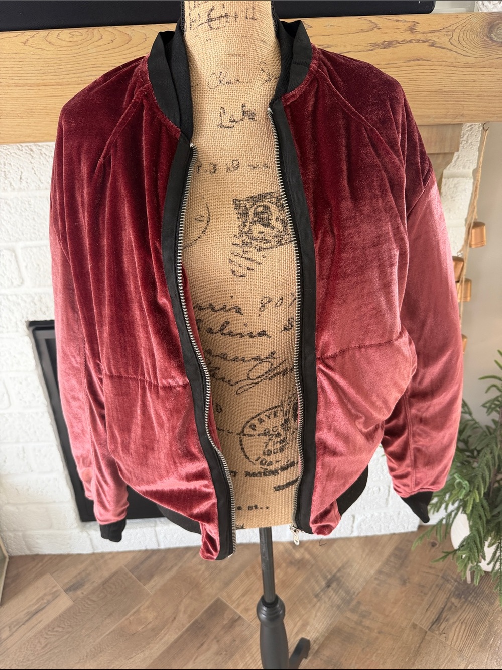 MNML Burgundy Velvet Bomber Jacket with Black Trim